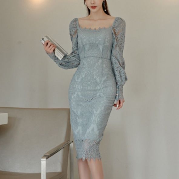 オケージョン ドレス 総レース長袖スクエアネックタイトドレス