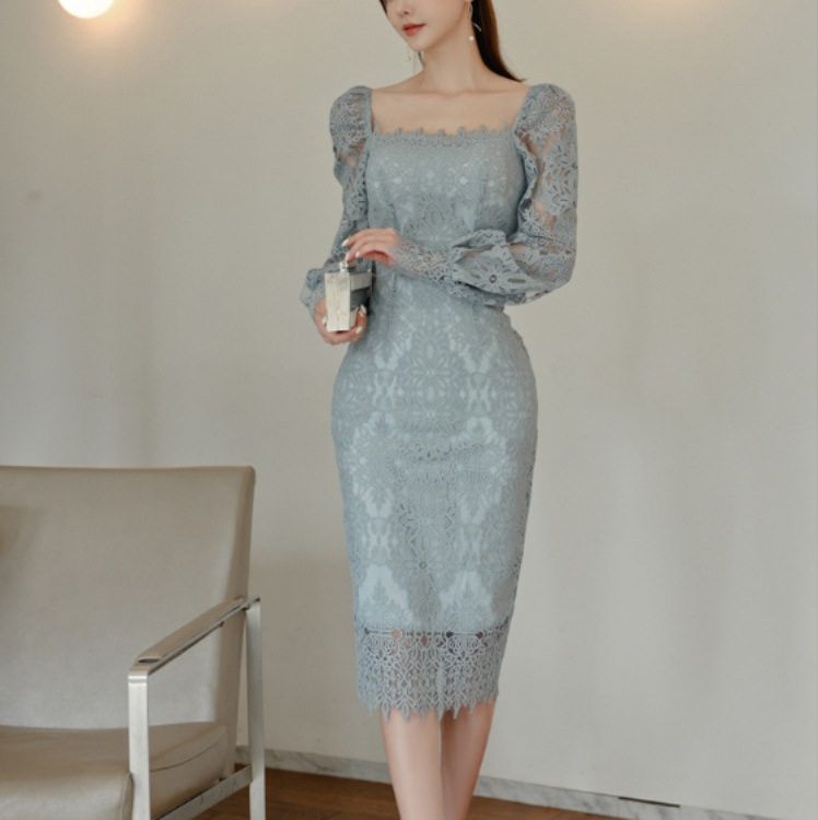 オケージョン ドレス 総レース長袖スクエアネックタイトドレス