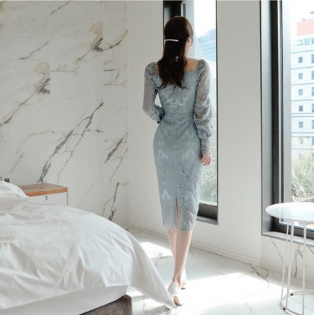 オケージョン ドレス 総レース長袖スクエアネックタイトドレス