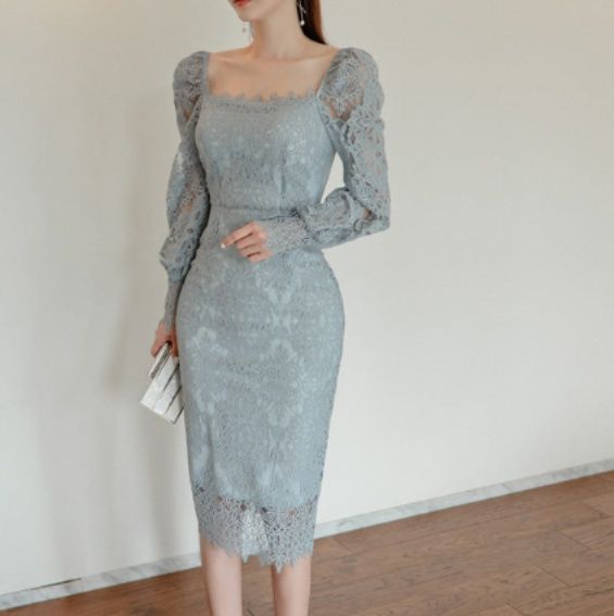 オケージョン ドレス 総レース長袖スクエアネックタイトドレス