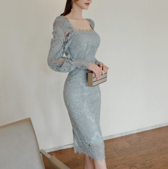 オケージョン ドレス 総レース長袖スクエアネックタイトドレス