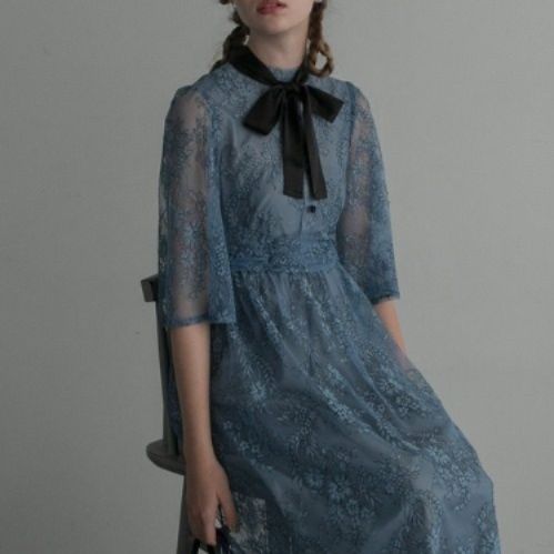 オケージョン ドレス 襟元リボン付き総レース七分袖ワンピース