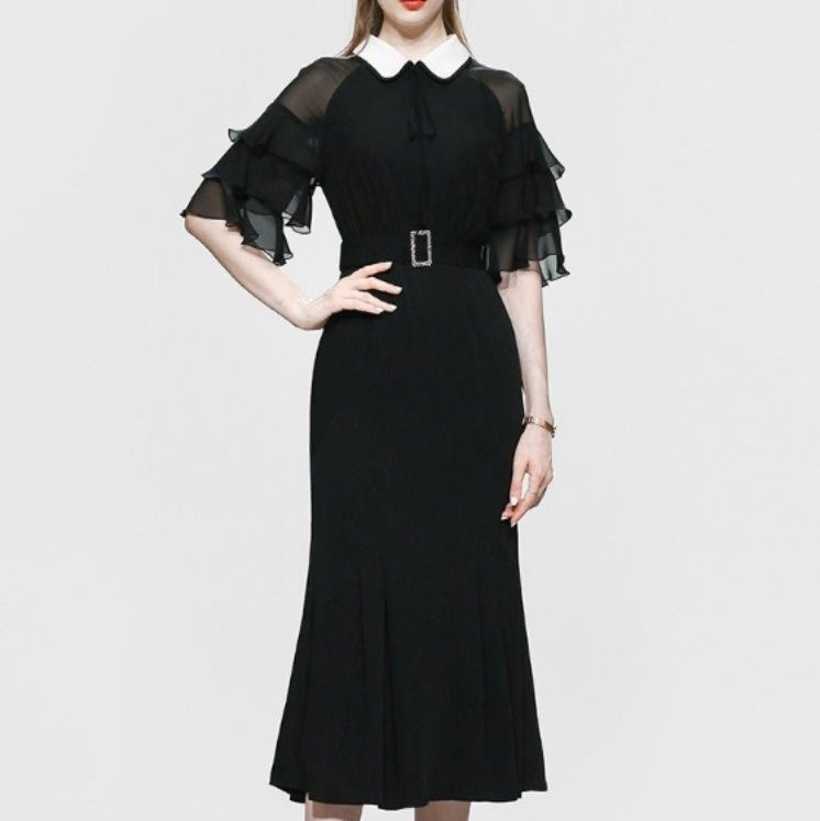 オケージョン ドレス 白襟ティアードスリーブベルト付きミモレ丈ワンピース