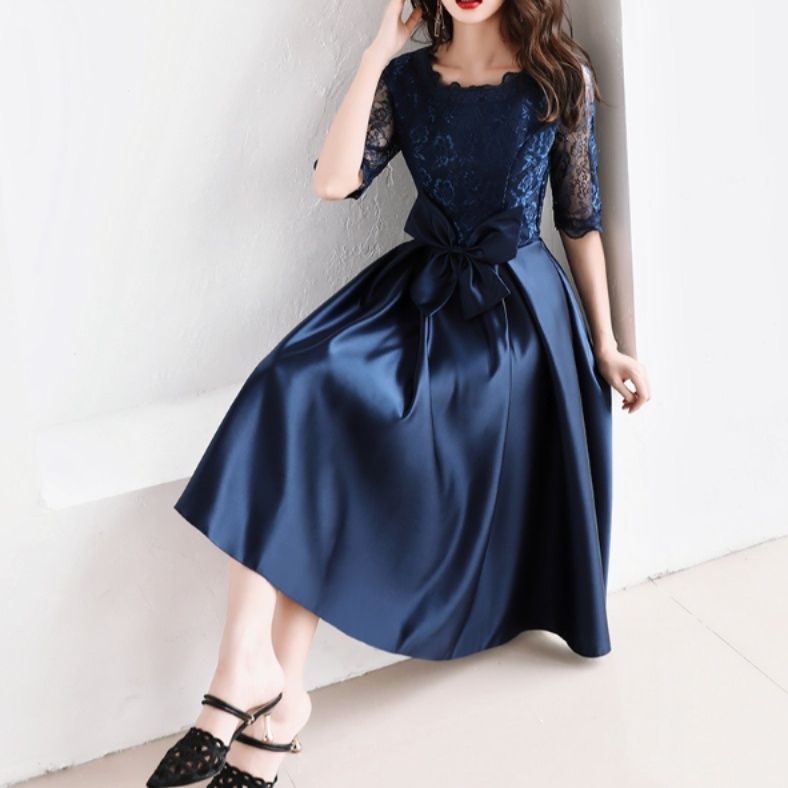 オケージョン ドレス 花柄総レース袖サテン地リボンベルト付きワンピース