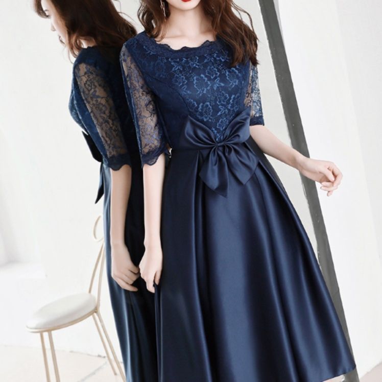 オケージョン ドレス 花柄総レース袖サテン地リボンベルト付きワンピース