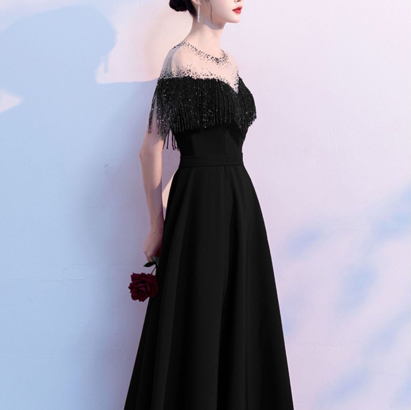 オケージョン ドレス ビーズ刺繍フリンジ肩透けオフショルダードレス