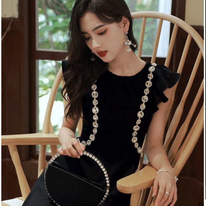 オケージョン ドレス ビジュー装飾フリル袖ロング丈上品ワンピース