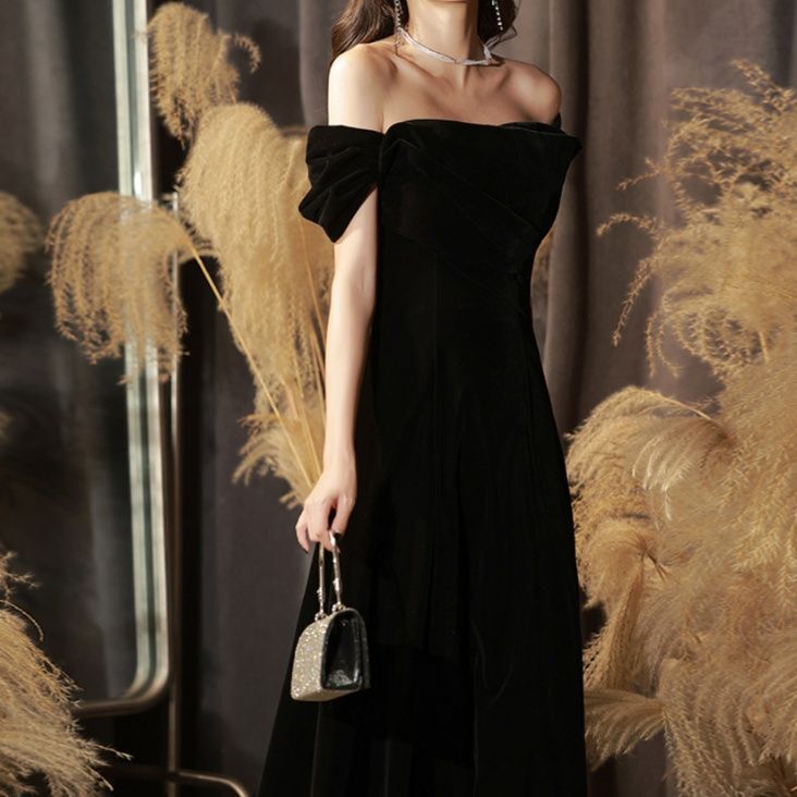 オケージョン ドレス ベルベット生地リボン袖オフショルロング丈ドレス