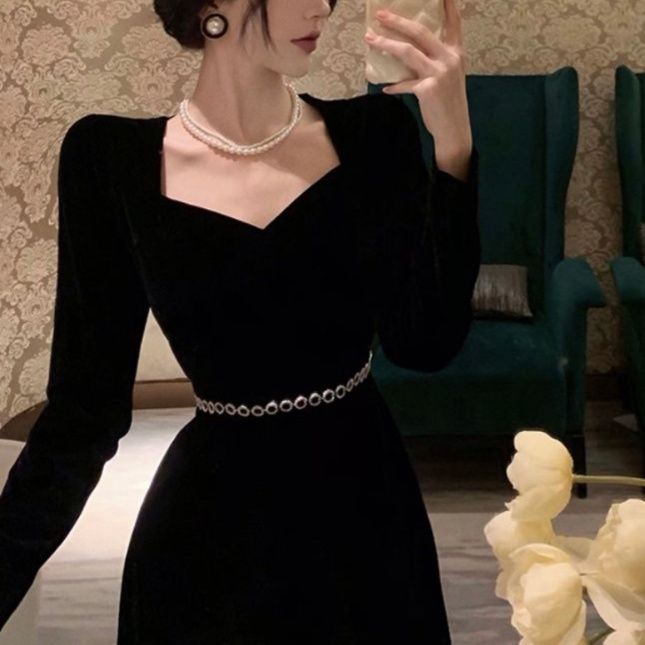 オケージョン ドレス パール装飾付き長袖ハート型胸元マーメイドドレス