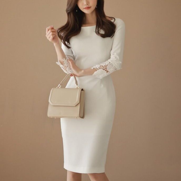 オケージョン ドレス 袖レース切替えボートネックタイトワンピース