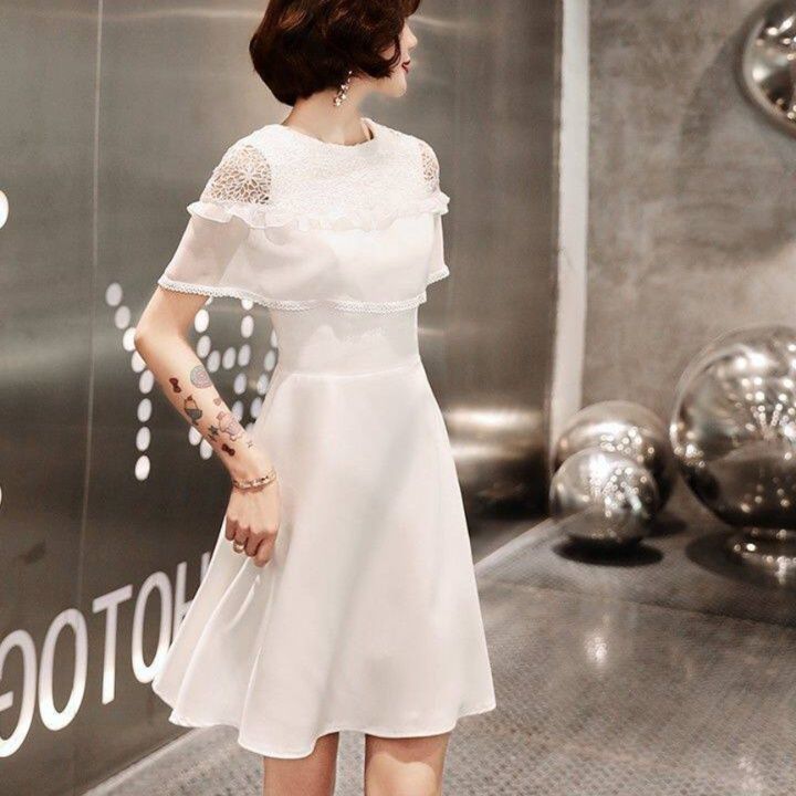 オケージョン ドレス レース切替ケープ風フレア袖ワンピース