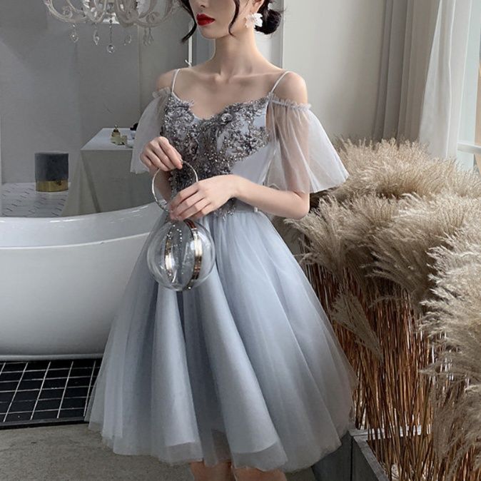 オケージョン ドレス 刺繍レース装飾オフショルダーチュール膝丈ドレス