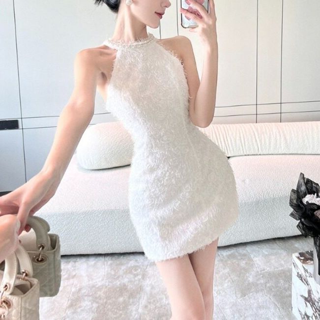 オケージョン ドレス ハイネックレースノースリーブミニワンピース