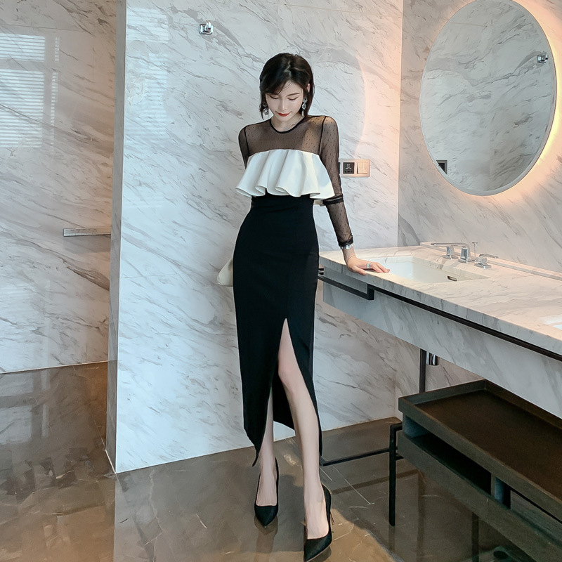 オケージョン ドレス ドット柄シアー袖フリル切替タイトワンピース