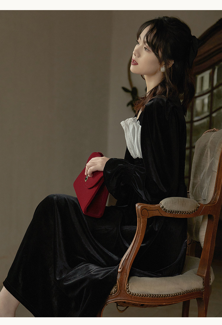 オケージョン ドレス 胸元切替フリル袖ベロアロングドレス