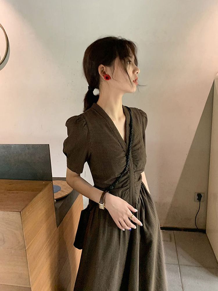 オケージョン ドレス 千鳥格子パフスリーブウエストシャーリングワンピース