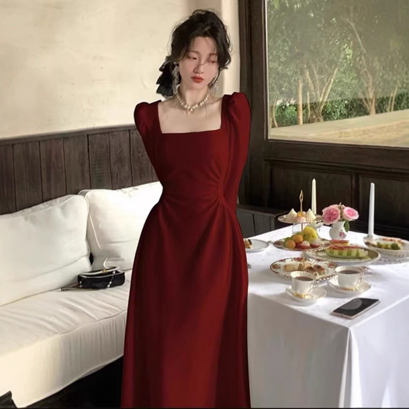 オケージョン ドレス 優美な角襟パフスリーブロングワンピース