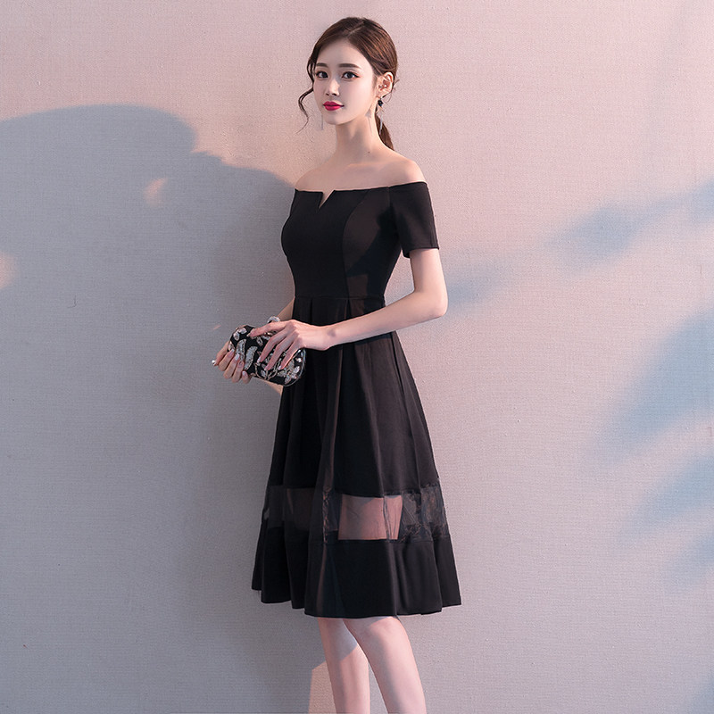 オケージョン ドレス 透け感チュール切替オフショルダー膝丈ドレス