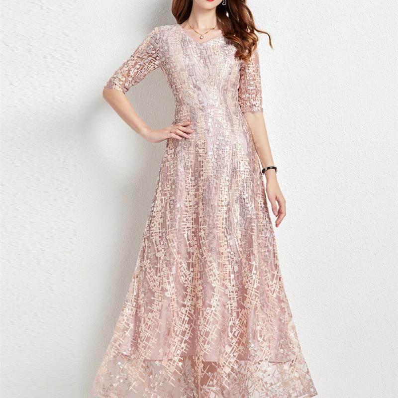 オケージョン ドレス 総スパンコール刺繍五分袖ロング丈ワンピース