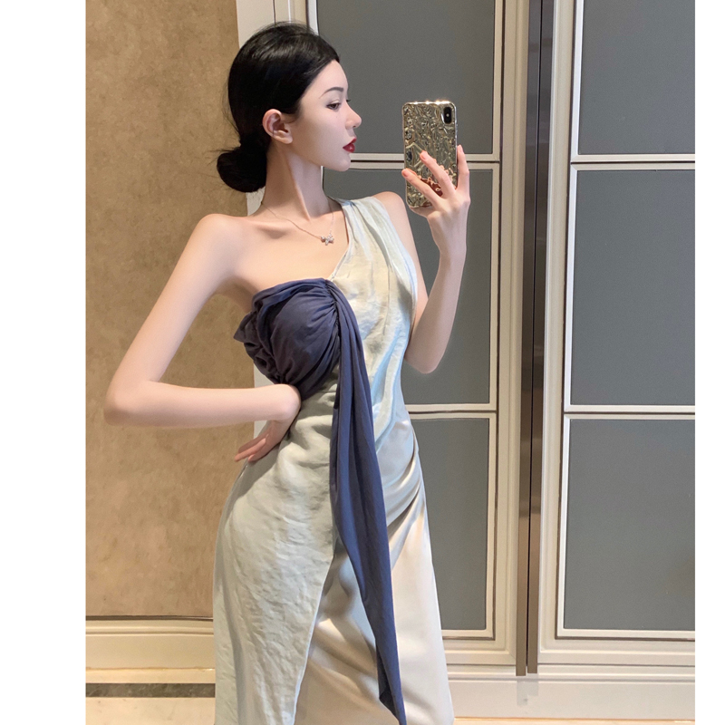 オケージョン ドレス 配色美人ワンショルダードレープロングドレス