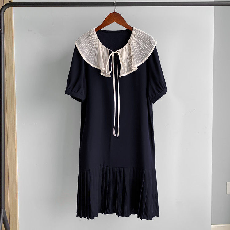 オケージョン ドレス プリーツ襟付きリボン結び半袖ワンピース