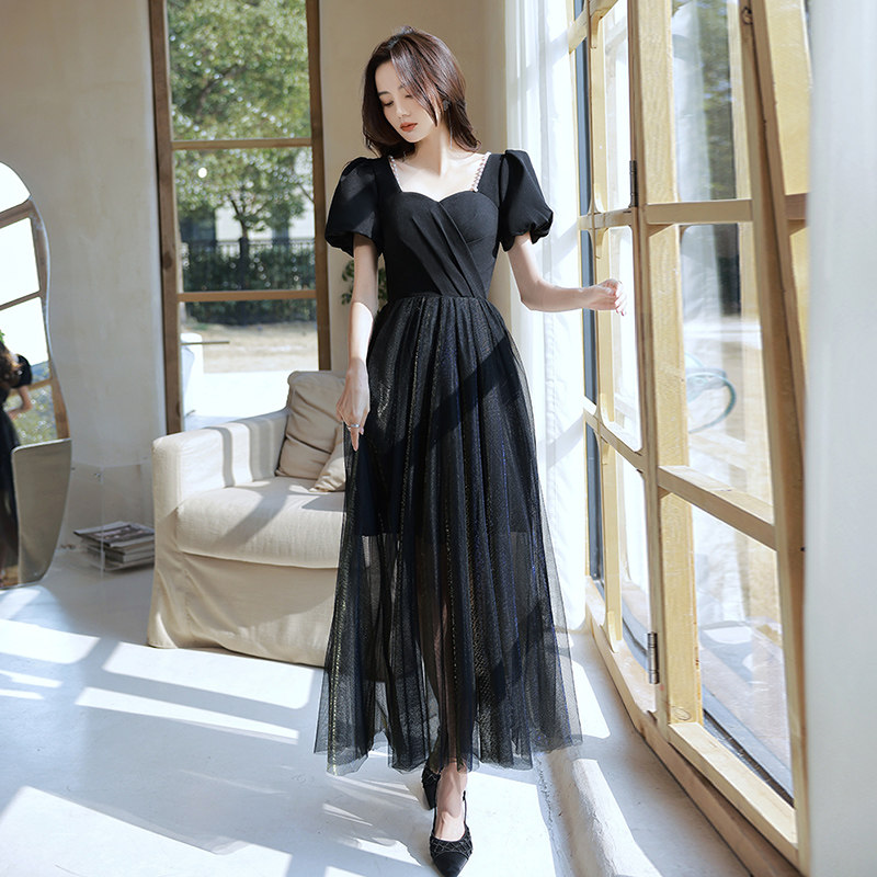 オケージョン ドレス パフスリーブハートネックチュールロングドレス