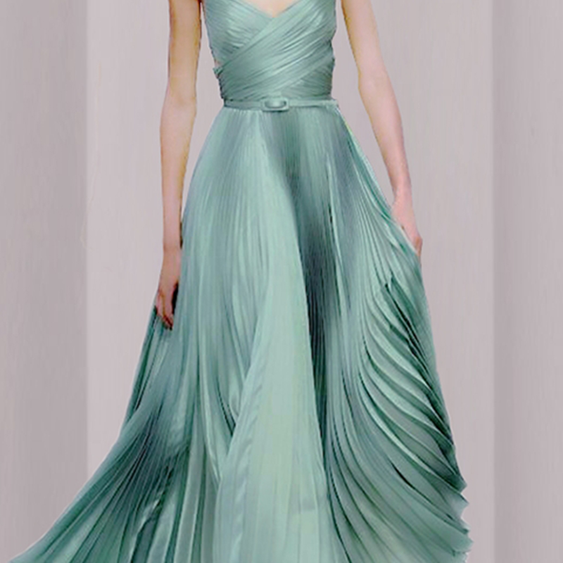 オケージョン ドレス シアーチュール付きプリーツロングワンピース