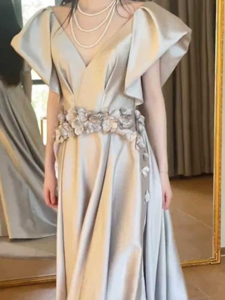 オケージョン ドレス 立体フラワーベルト付きフリル袖ブイネックロングドレス