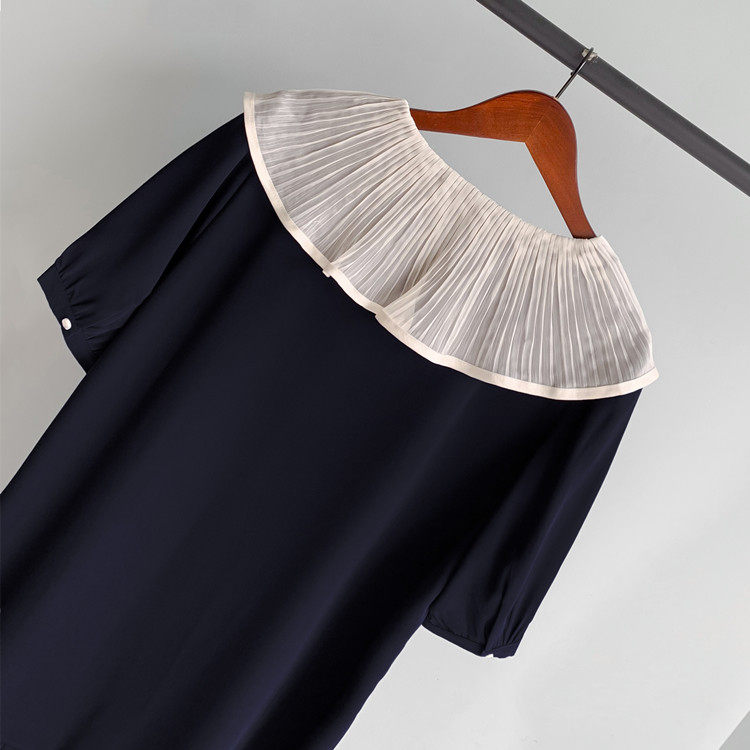 オケージョン ドレス プリーツ襟付きリボン結び半袖ワンピース