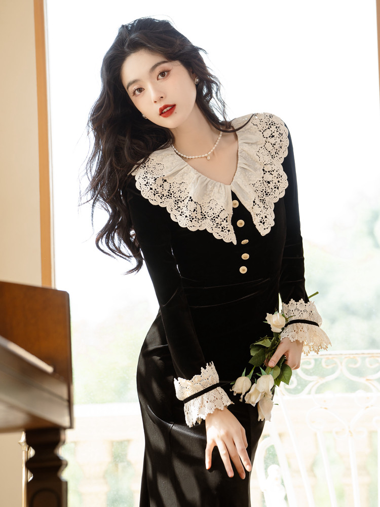 オケージョン ドレス ベルベット素材レース襟付きマーメイドドレス