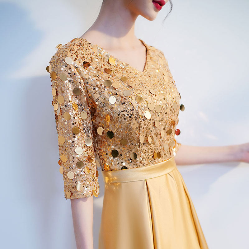 オケージョン ドレス スパンコール刺繍五分袖フレアロング丈ワンピース