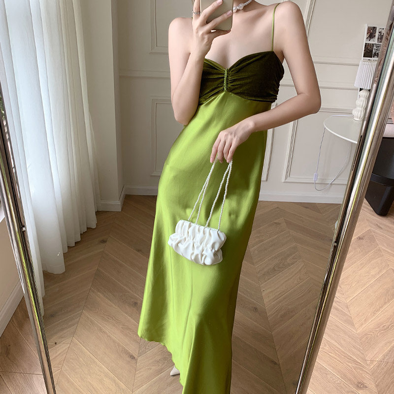 オケージョン ドレス サテン風ビスチェ切替キャミソールロングワンピース