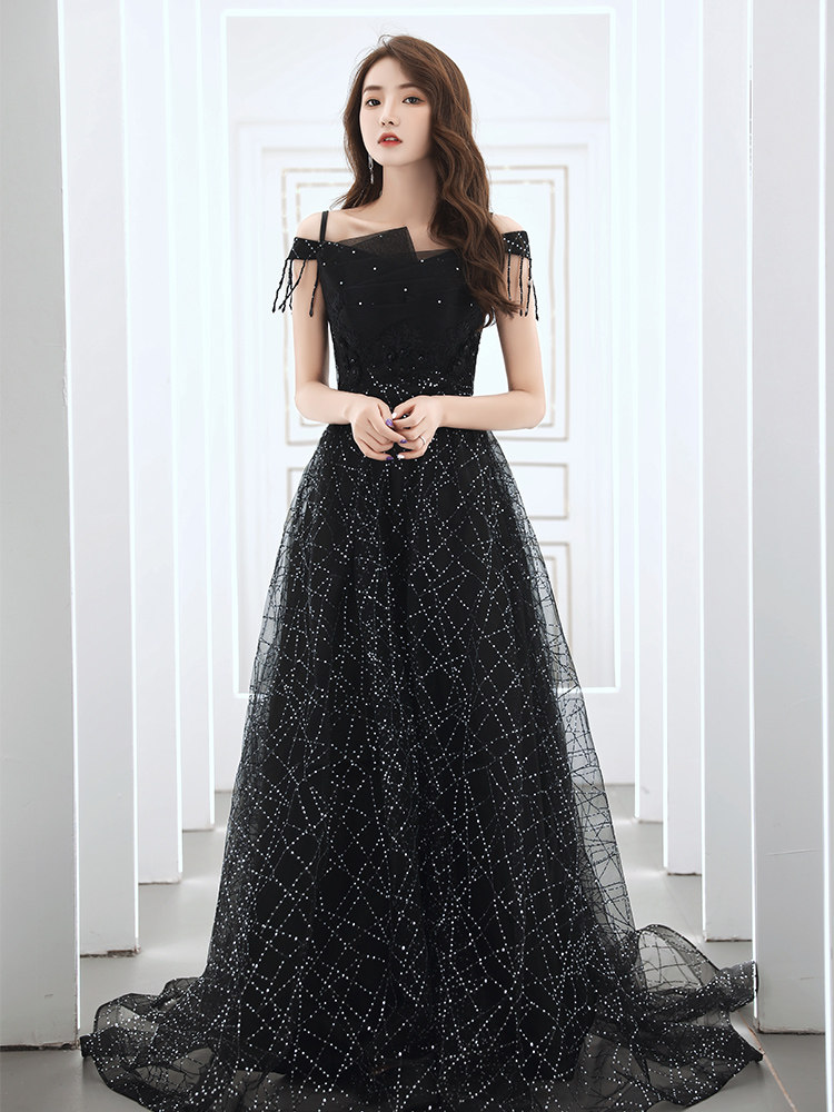 オケージョン ドレス 星屑きらめくオフショルダーチュールロングドレス