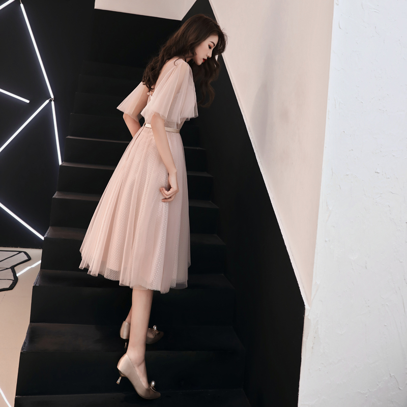 オケージョン ドレス オフショルダーチュールミモレ丈袖付きドレス