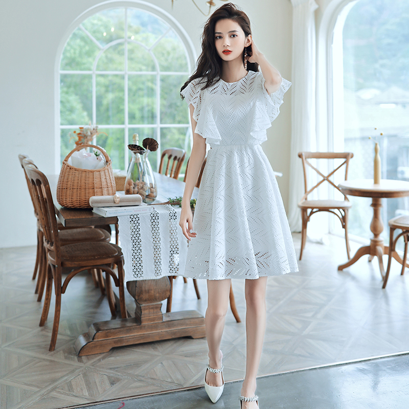 オケージョン ドレス 透かし編みレース半袖ミディ丈ワンピース