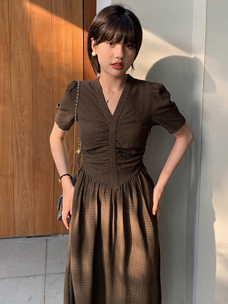 オケージョン ドレス 千鳥格子パフスリーブウエストシャーリングワンピース