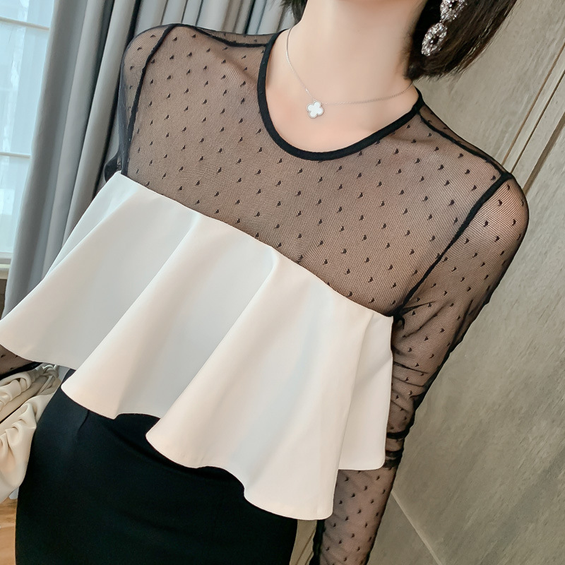 オケージョン ドレス ドット柄シアー袖フリル切替タイトワンピース