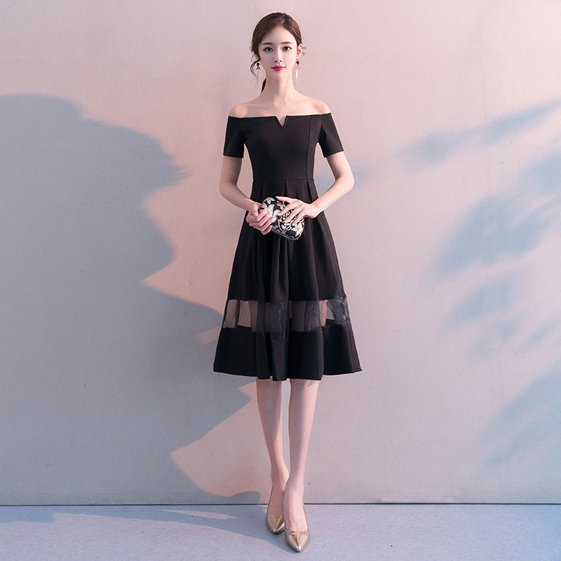 オケージョン ドレス 透け感チュール切替オフショルダー膝丈ドレス