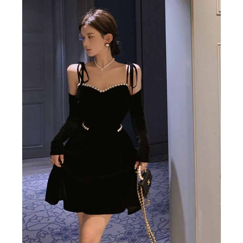 オケージョン ドレス パール装飾リボンストラップオフショルダーワンピース