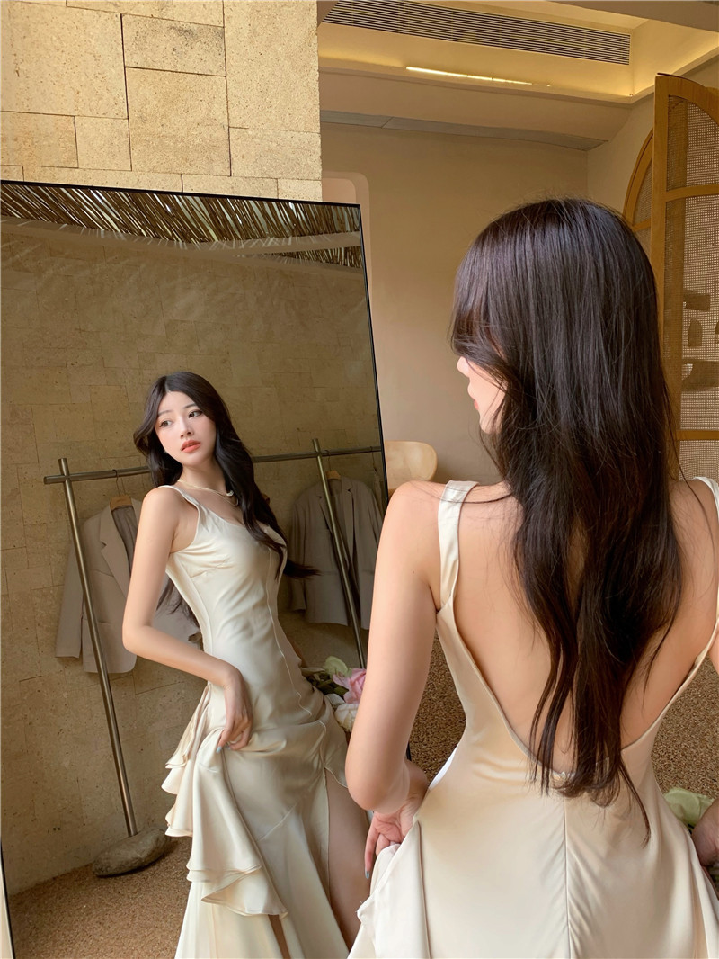 オケージョン ドレス アシンメトリーリボン付きスリット入りロングワンピース