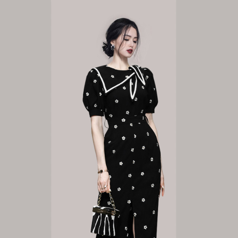 オケージョン ドレス セーラー襟リボン付き花柄刺繍パフスリーブワンピース