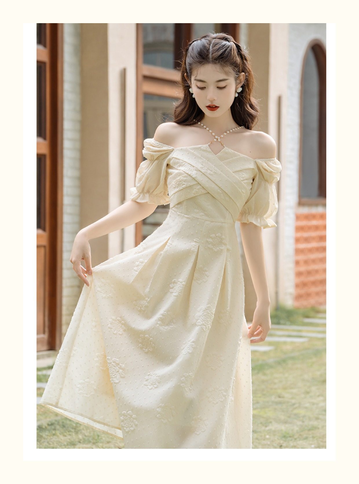 オケージョン ドレス オフショルダーパフスリーブ刺繍ジャガードワンピース