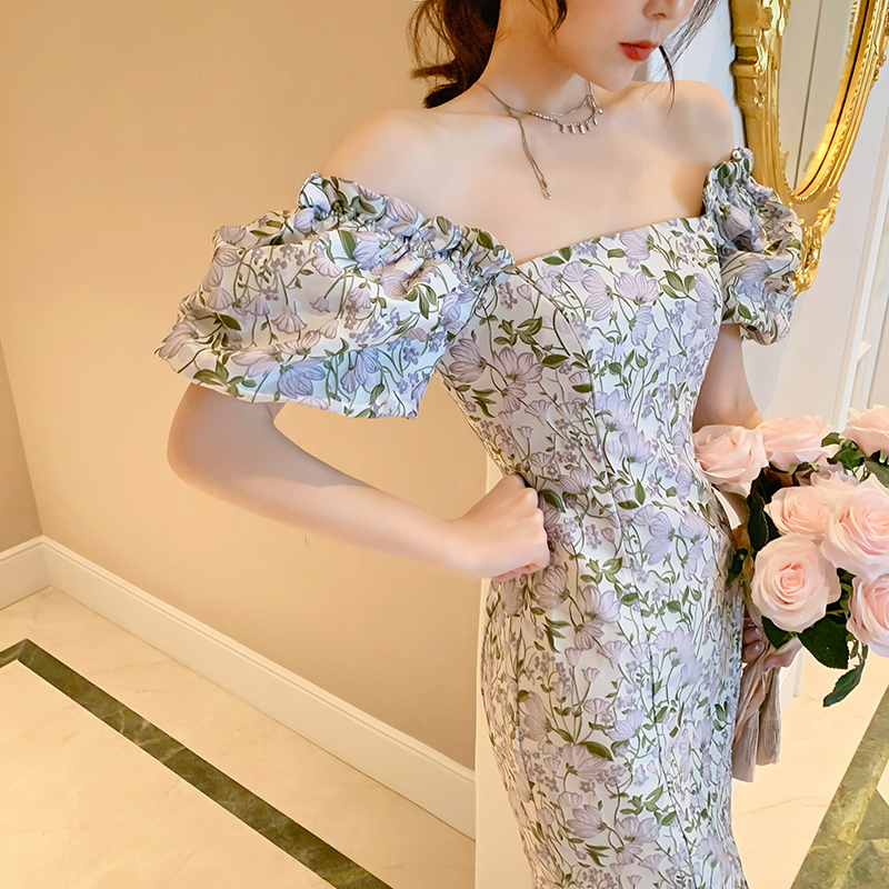 オケージョン ドレス 花柄刺繍パフスリーブオフショルダードレス