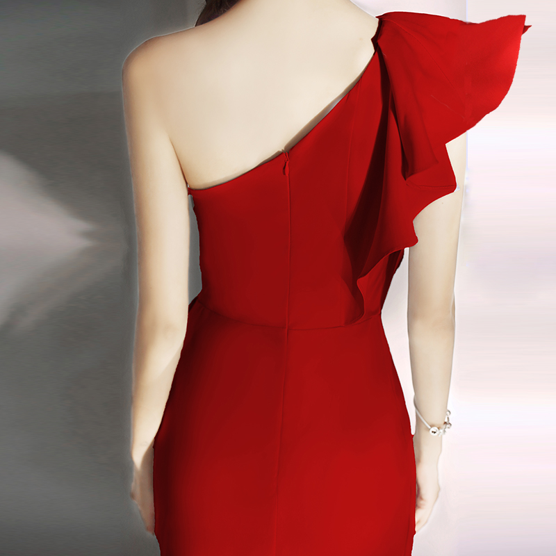 オケージョン ドレス ワンショルダーフリル袖ミディ丈オケージョンドレス