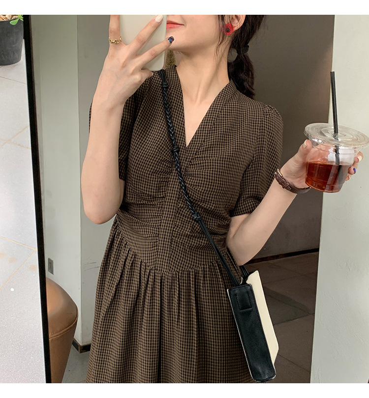 オケージョン ドレス 千鳥格子パフスリーブウエストシャーリングワンピース