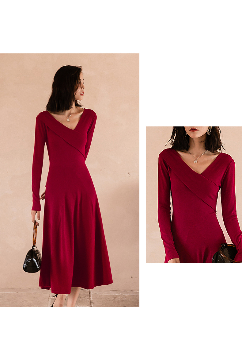 オケージョン ドレス エレガント長袖ラップデザイン裾フレア丈ドレス