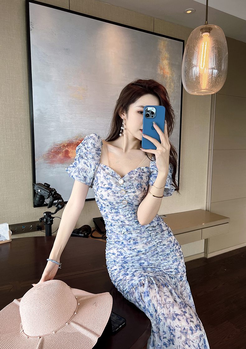 オケージョン ドレス 花柄シャーリングマーメイドドレス