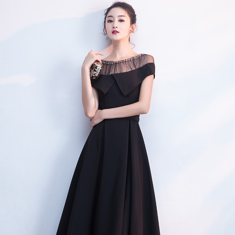 オケージョン ドレス チュールネック大人リボン襟フレアワンピース