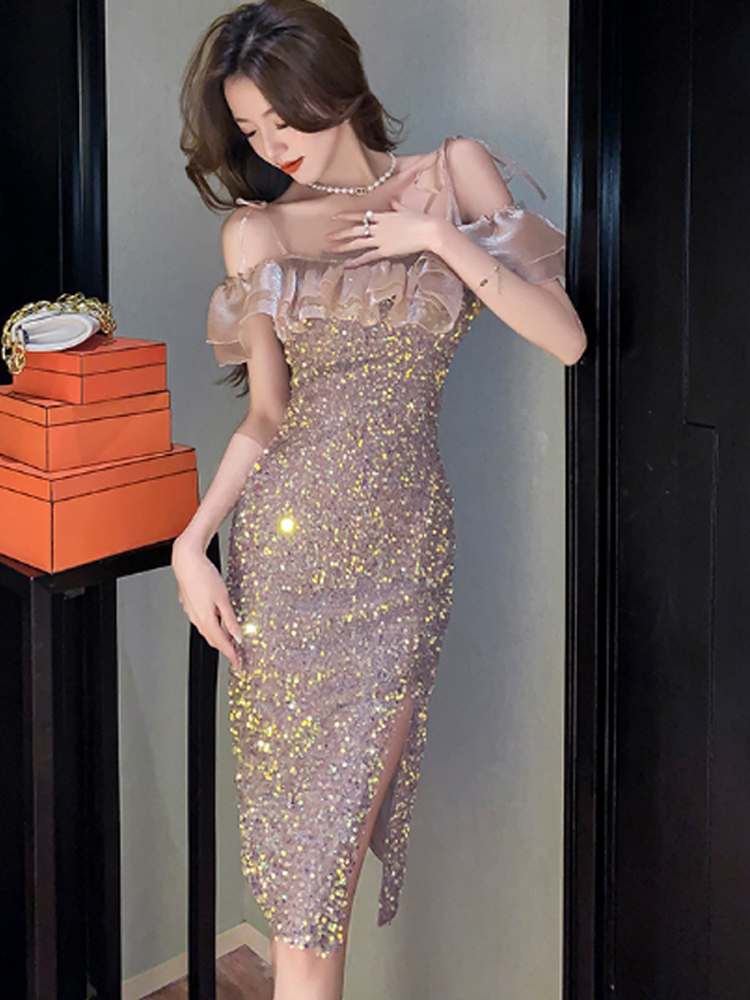 オケージョン ドレス 華やかスパンコール装飾オフショルフリルドレス