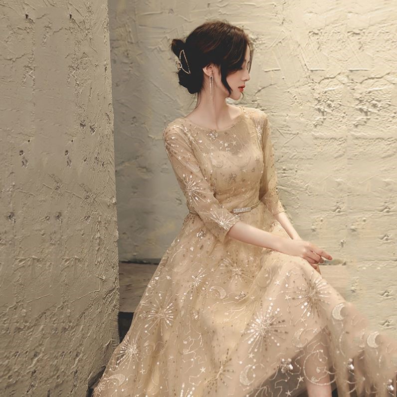 オケージョン ドレス 星空刺繍チュール五分袖ミディ丈ドレス